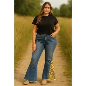 Home Folk Womens Jeans Flare Leopard Print Patchwork Distressed Frayed‎ Hem